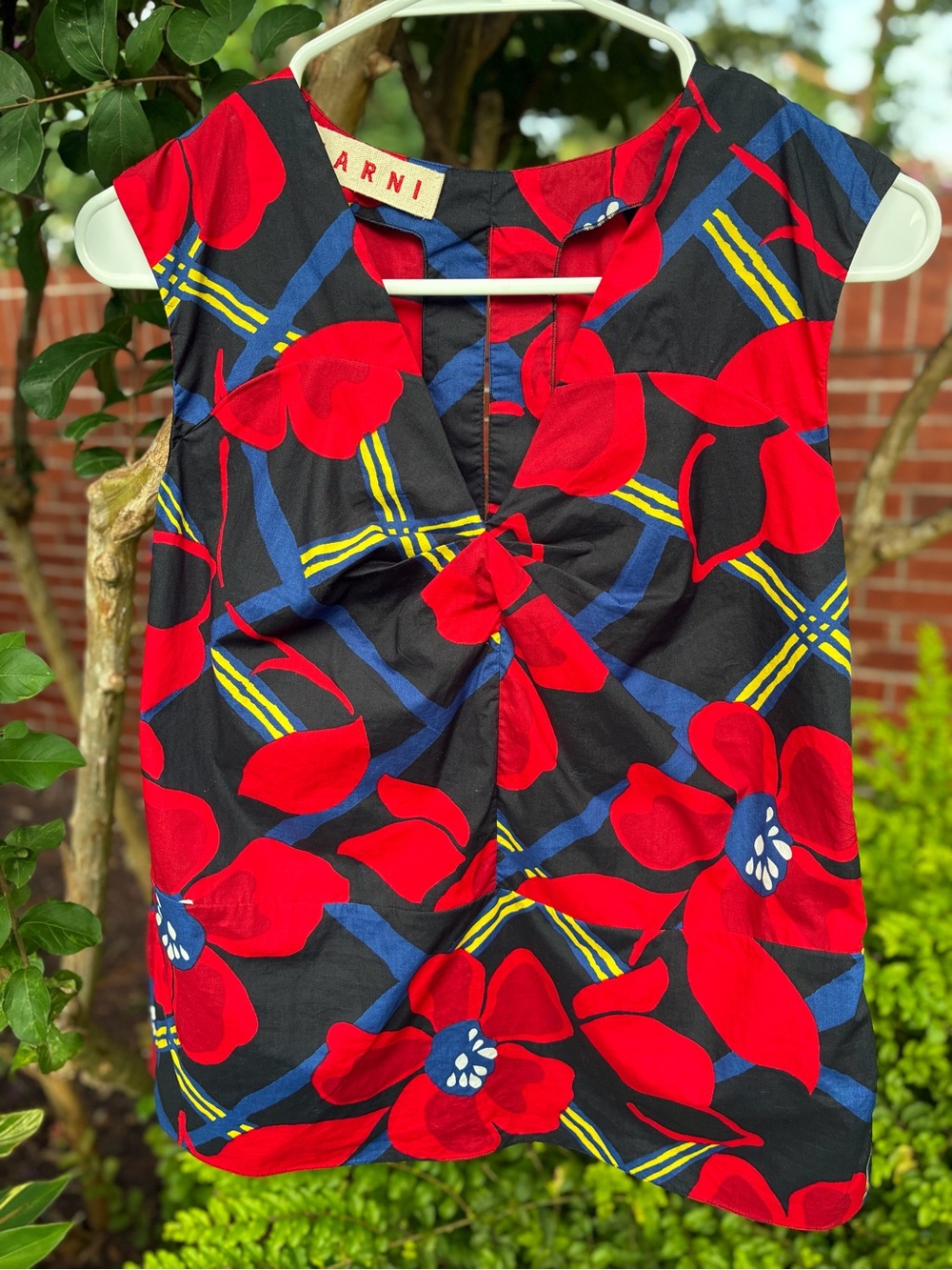 MARNI Red Poppy Print Sleeveless Top Peplum V Neck Twist Size 40= US XL (12-14)